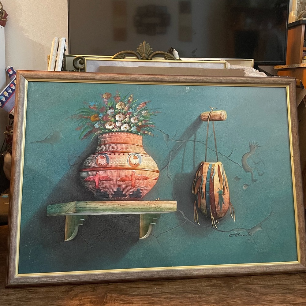 Original C. Benolt Oil On Canvas Painting Native American kokopelliFlower Signed